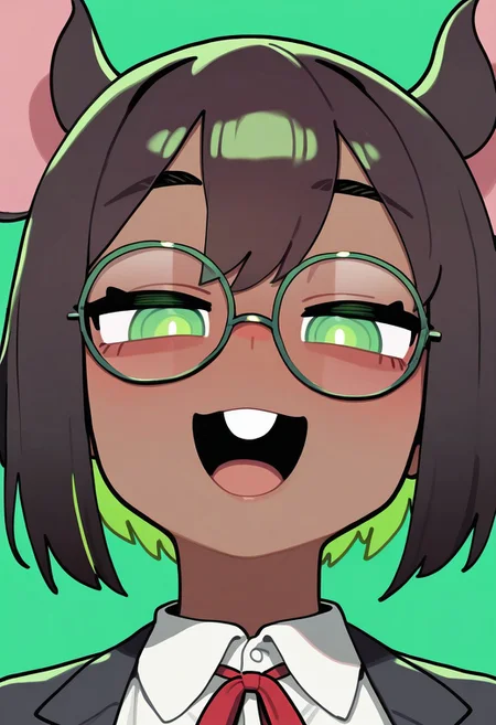 masterpiece, best quality, very aesthetic, high resolution, ultra-detailed, absurdres, newest, extremely detailed eyes, beautiful, perfect lighting, hi res, amazing quality, very awa, Brittle_ST, 1girl, animal ears, glasses, dark skin, green eyes, round eyewear, open mouth, dark-skinned female, colored inner hair, looking at viewer, mouse ears, white shirt, short hair, buck teeth, collared shirt, upper teeth only, green background, black hair, bangs, portrait, green hair, multicolored hair, ribbon, jacket, smile, two-tone hair, brown hair