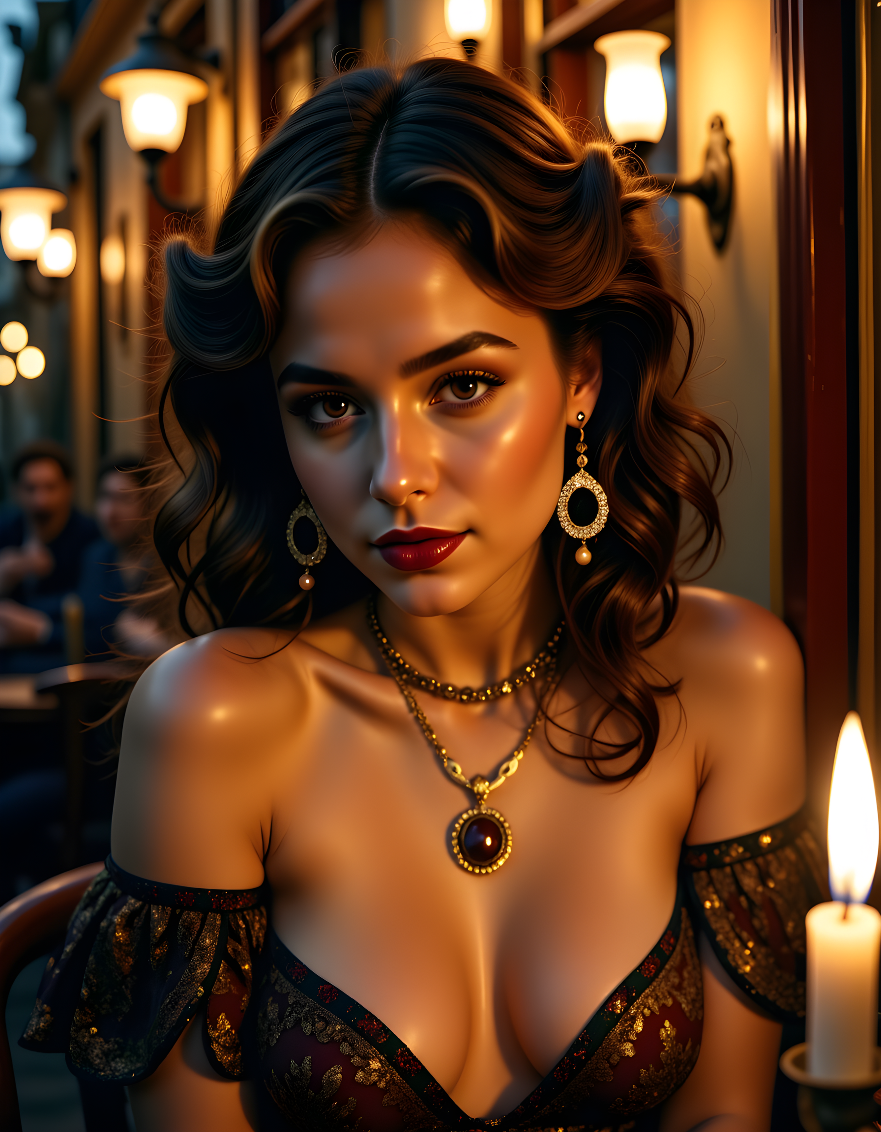 In a dimly lit, bohemian-style Parisian cafe at twilight, the captivating Adelise Verogandh is captured in a close-up shot from below, her deep brown eyes locked with the viewer's, framed by thick, wavy locks cascading over her shoulders. Her expression is mysterious and alluring, accentuated by dark red lipstick that contrasts sharply against her pale skin. She wears an intricately patterned, off-shoulder blouse adorned with gold beads, revealing a hint of cleavage, and a matching necklace that hangs delicately around her neck. Her ears glisten under the soft, warm glow of a nearby candle, as she sports two large, sparkling earrings. The background is blurred, focusing attention on her, with the dimly lit cafe interior hinted by shadows and soft candlelight flickering in the foreground.