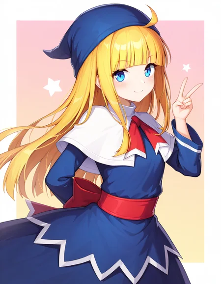 <lora:witchPF_SDXL_Illustrious01_fp16_ver01:1>,witchPF, 1girl,blonde hair,blue eyes,long hair,blunt bangs,ahoge,blue hat, dress,red sash, capelet,long sleeves,smile,v, masterpiece, best quality, very aesthetic, absurdres,<lora:detailed_hands:1>,hand