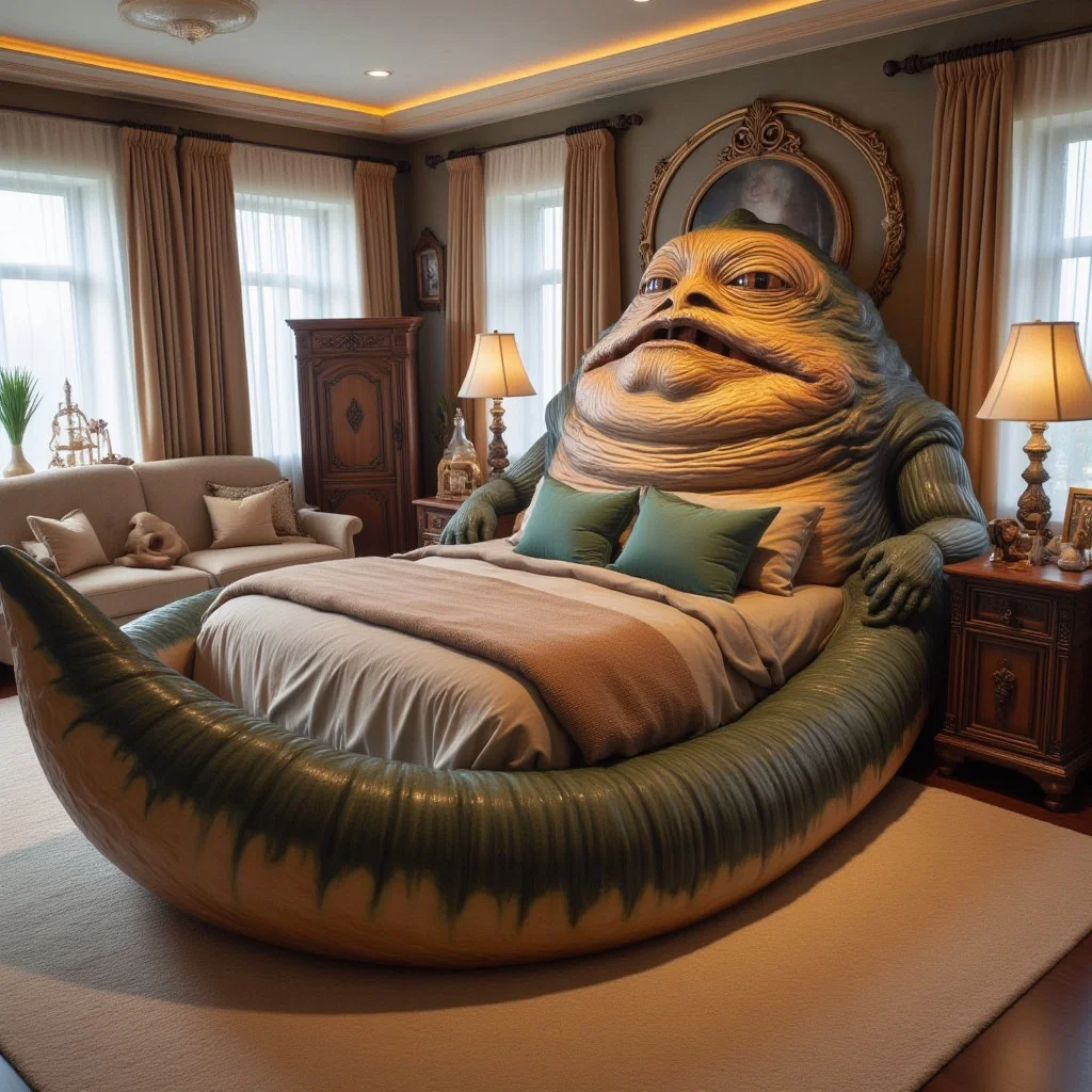 This is a star wars themed bedroom with jabba the hutt shaped bed with green pillows and brown sheets on it