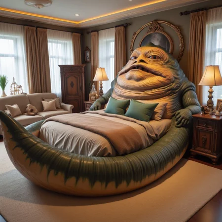 This is a star wars themed bedroom with jabba the hutt shaped bed with green pillows and brown sheets on it