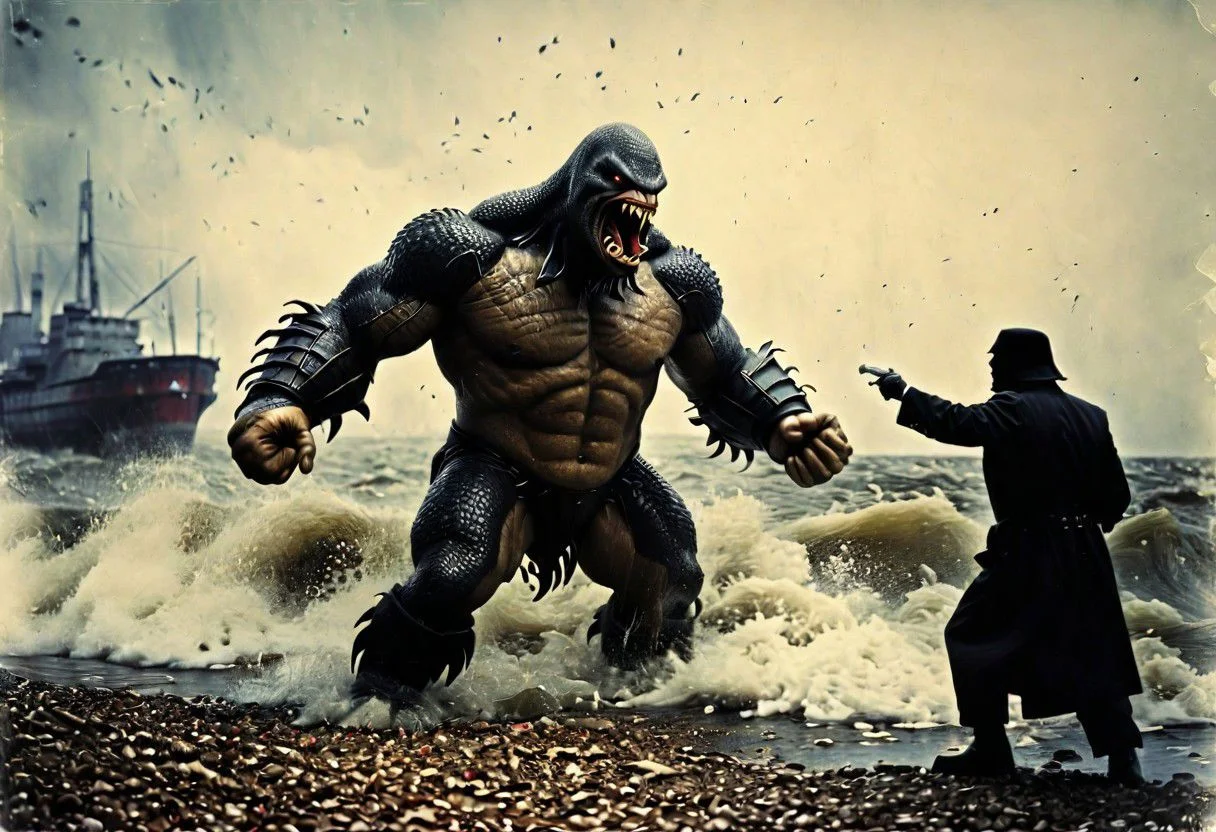 Godzilla fights with a krakn on the shore of Hamburg