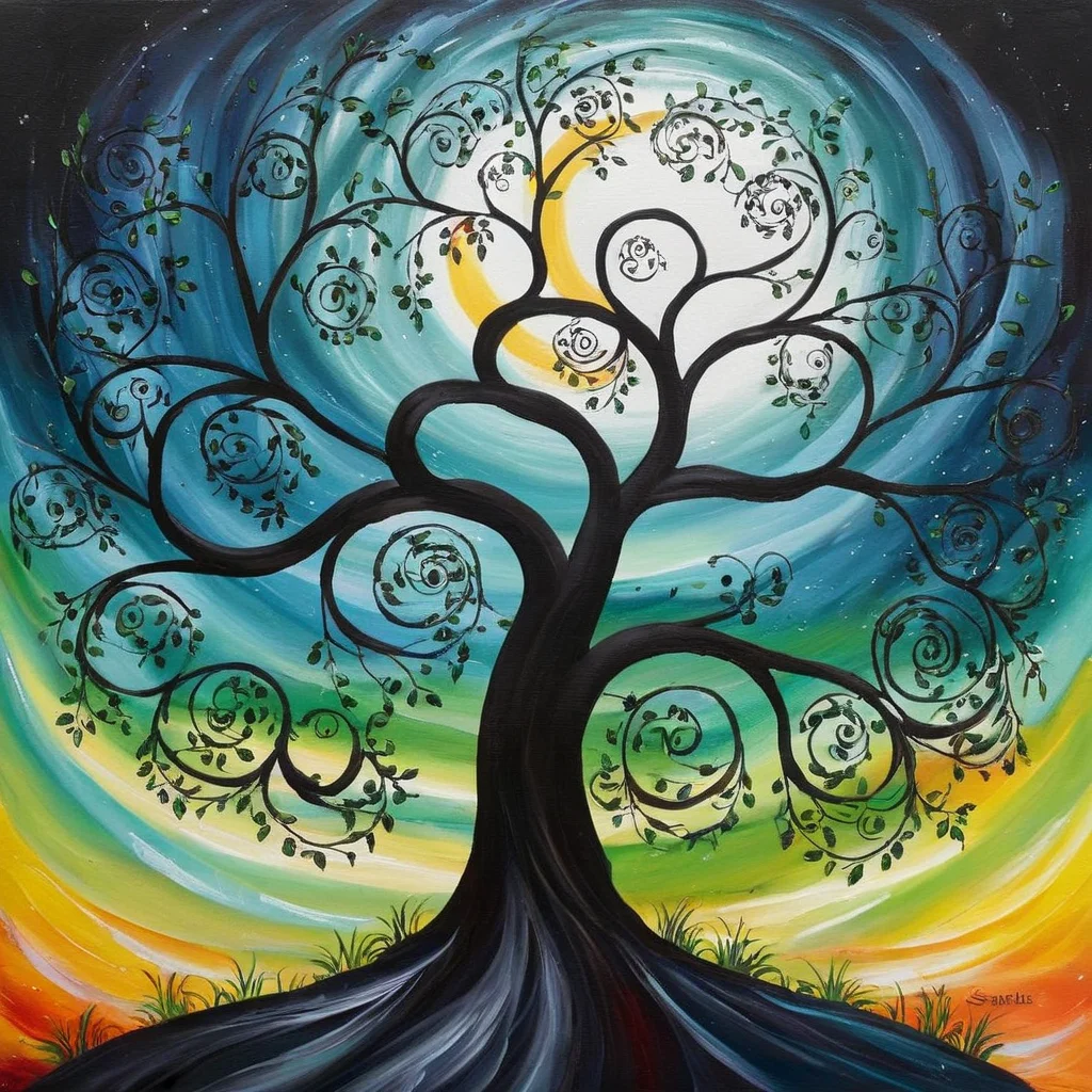 Dark Fantasy Art of <lora:Dark Art Painting Style:0.9>
a painting of a tree with swirly branches dark art painting style, dark, moody, dark fantasy style