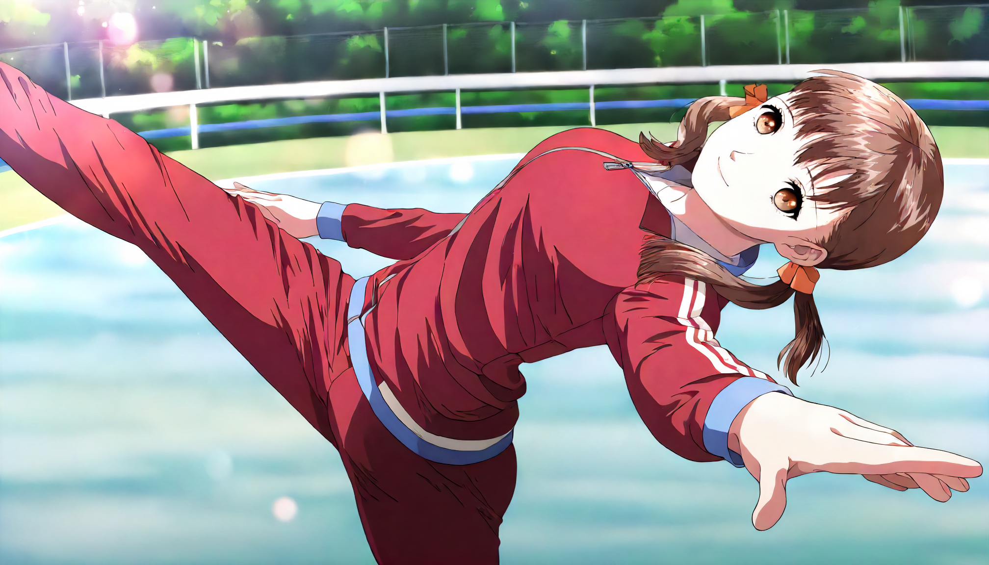 <lora:YS_AyanaFujisawaXLIllustrious005>,
masterpiece,best quality,good quality,newest,
detailed background,school,track,outdoors,lens_flare,glitter,
smile,
looking at viewer,
solo,
AyanaFujisawa,1girl,brown hair,low twintails,brown eyes,
red track jacket,red pants,
gymnastics,