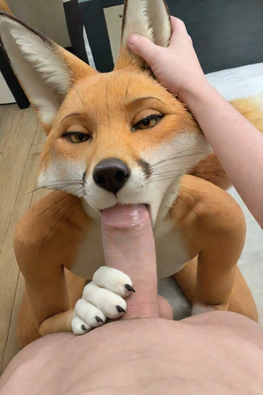 masterpiece, best quality, highres, absurdres, (realistic, photorealistic), furry, anthro, fox, whiskers, paws, long ears, female, human male, pov, penis, oral penetration, blowjob, deepthroat, lips, the woman sucks the man's cock, moving her head up and down as she sucks his cock