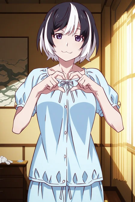 anime screencap, anime coloring, detailed face, masterpiece, best quality, very aesthetic, absurdres, volumetric lighting, official style, amazing quality, ultra detailed, highres, amazing quality, scenery, beautiful detailed hair, beautiful detailed eyes, defined fingers
<lora:StS-Illustrious-Detail-Slider-v1.0:4>
<lora:Tsubasa_Hanekawa_and_Black_Hanekawa_Monogatari_Series_-_Illustrious_V2:1>
indoors, in a living room,
1girl, solo hanekawa tsubasa, pajamas, (multicolored hair, two-tone hair, black hair, white hair:1.5), purple eyes, :3, short hair, heart hands, looking at viewer, cowboy shot, standing
lazyhand lazypos