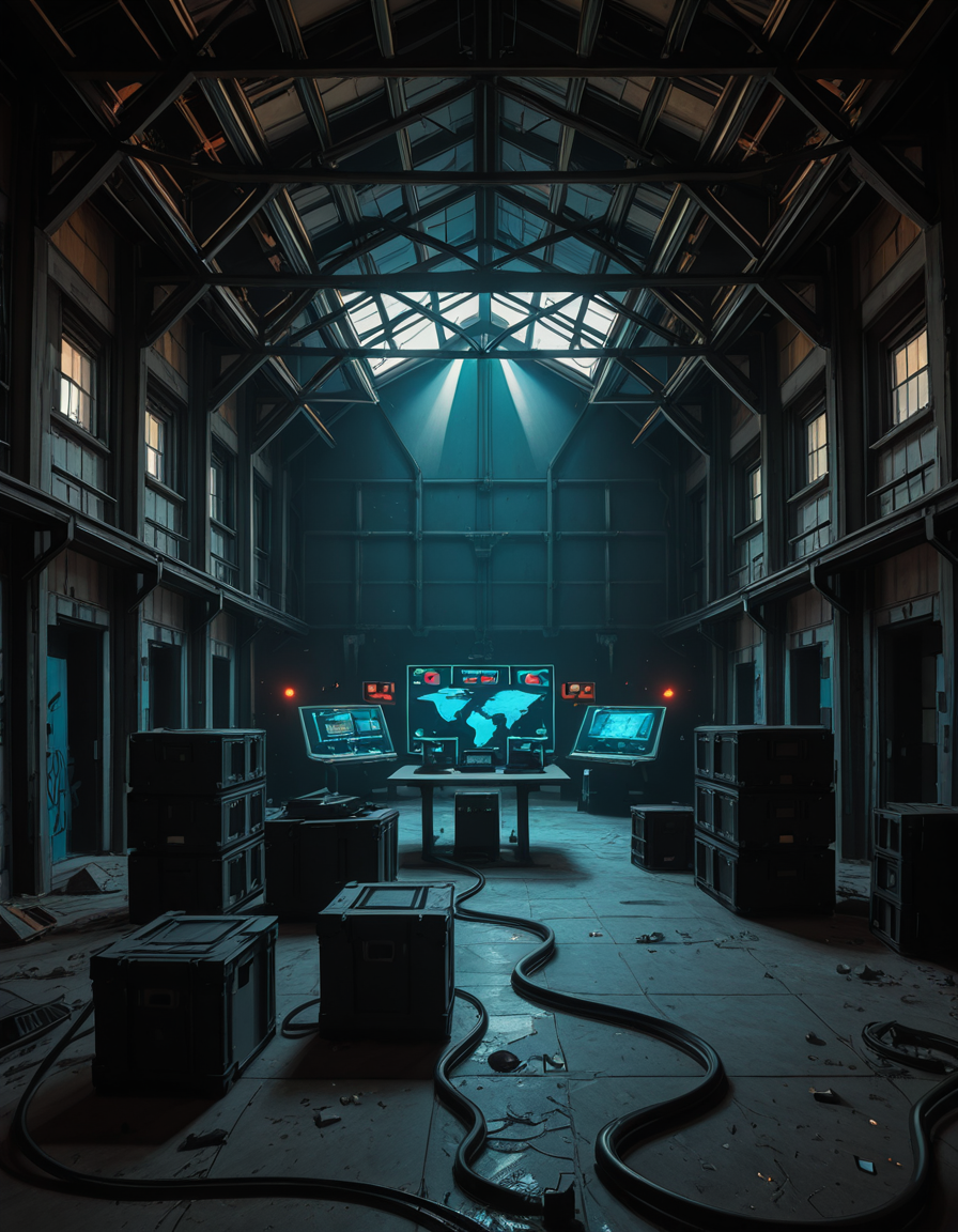 A dark, abandoned warehouse transformed into a villain's secret lair. The structure is massive and industrial, with rusted steel beams, shattered windows, and crumbling concrete walls covered in old graffiti. The floor is dusty and cracked, with scattered debris and oil stains. Dim red and blue lights glow from hidden sources, casting eerie, atmospheric shadows throughout the space. In the center, a high-tech command station glows with holographic maps, control panels, and futuristic computer screens. Advanced equipment, weapons racks, and strange scientific devices are neatly arranged on steel tables. Thick black cables snake across the floor and dangle from the ceiling. Makeshift metal dividers and reinforced crates create hidden zones for operations and storage. The setting is cinematic, mysterious, and tense, with dramatic lighting, high contrast between dark corners and glowing tech, and a realistic, moody art style â like a scene from a dystopian sci-fi thriller. No people or figures are present. 
<lora:SDXLFaeTastic2400:0.4> <lora:extremely_detailed:0.4> extremely detailed,villain secret l41r, <lora:villain_secret_l41r-i:1>, Masterpiece,best quality,hi res,8k,hi res,8k,award winning,(sharp focus, intricate, highly detailed),