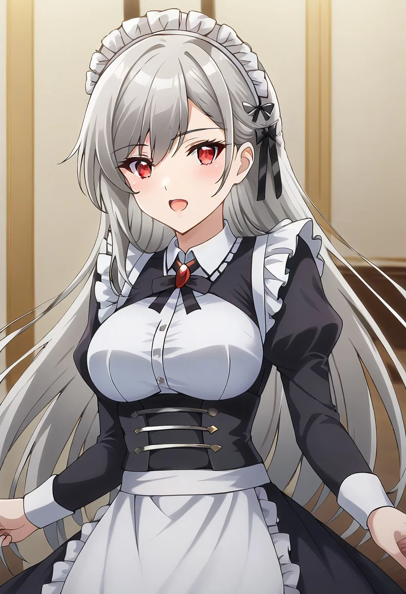 (masterpiece),inglis eucus, grey hair, red eyes, 1girl, maid headdress, maid, long hair, apron, maid apron, open mouth, alternate costume, dress