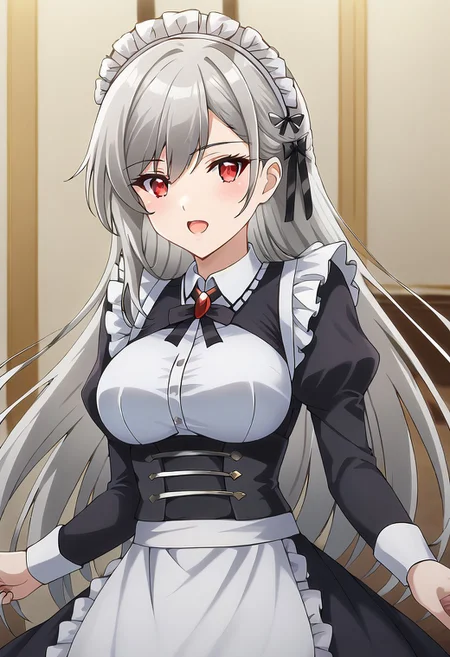 (masterpiece),inglis eucus, grey hair, red eyes, 1girl, maid headdress, maid, long hair, apron, maid apron, open mouth, alternate costume, dress