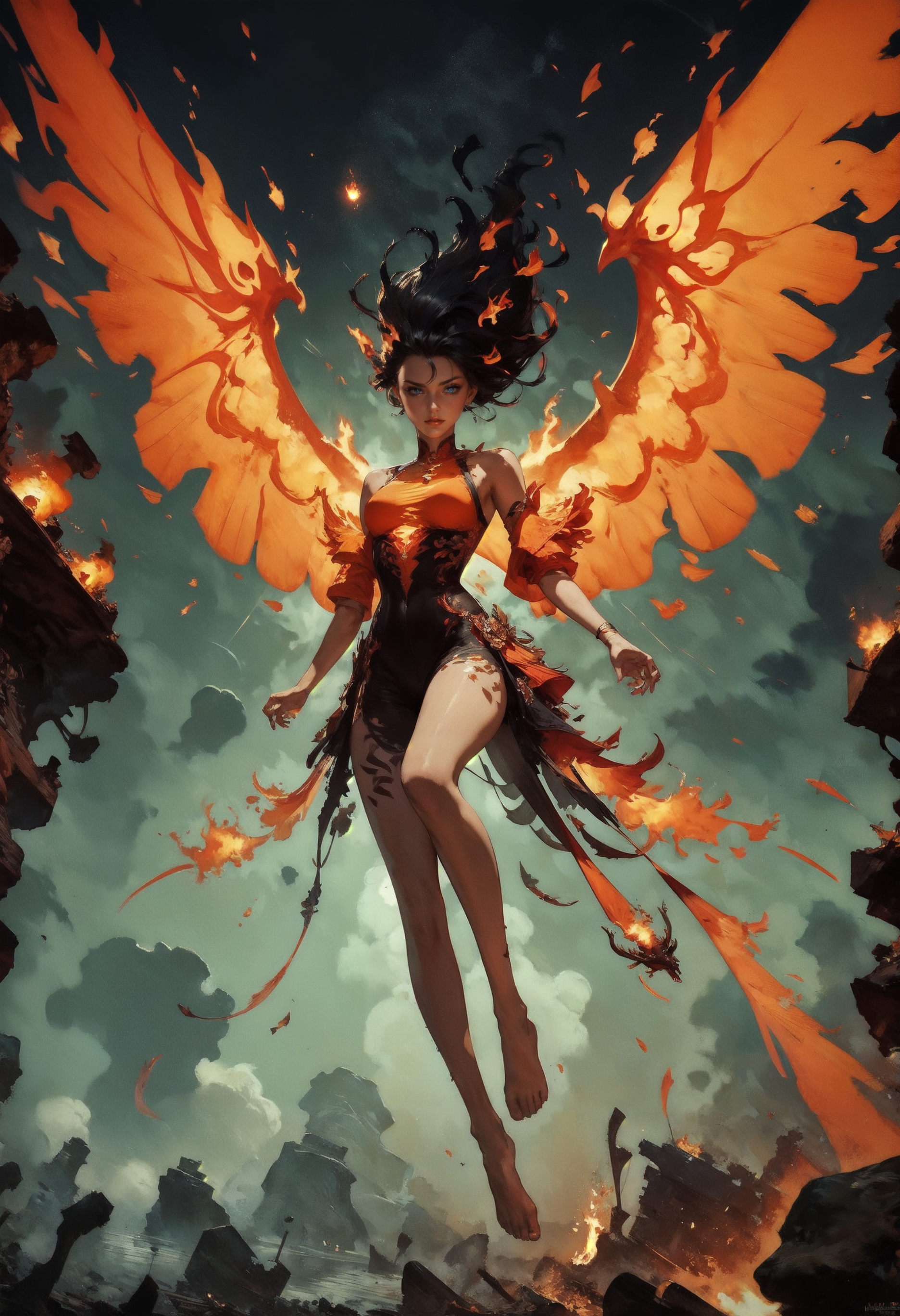 score_9, score_8_up, score_7_up, score_6_up,  1girl, (solo), black hair, female phoenix, floating, flying, fiery wings, inferno, fire, flames, lava made, translucent, fantasy, glowing, barefoot, knva, halftone effect, Expressiveh  <lora:sinfully_stylish_SDXL> <lora:add-detail-xl:1> <lora:xl_more_art-full_v1:0.7> <lora:Kenva:1> <lora:Concept Art Twilight Style SDXL_LoRA_Pony Diffusion V6 XL:1> <lora:Expressive_H-000001:0.8>