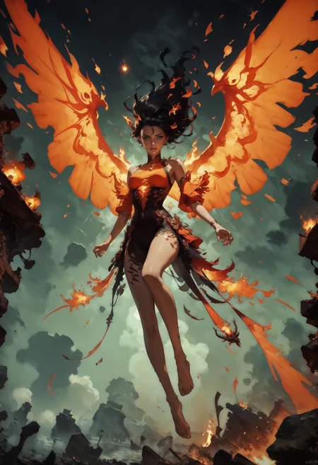 score_9, score_8_up, score_7_up, score_6_up,  1girl, (solo), black hair, female phoenix, floating, flying, fiery wings, inferno, fire, flames, lava made, translucent, fantasy, glowing, barefoot, knva, halftone effect, Expressiveh  <lora:sinfully_stylish_SDXL> <lora:add-detail-xl:1> <lora:xl_more_art-full_v1:0.7> <lora:Kenva:1> <lora:Concept Art Twilight Style SDXL_LoRA_Pony Diffusion V6 XL:1> <lora:Expressive_H-000001:0.8>