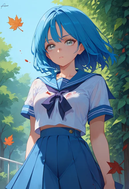 score_9, score_8_up, score_7_up, 1girl, original, blood, blue hair, dress, grey eyes, leaf, school uniform, serafuku