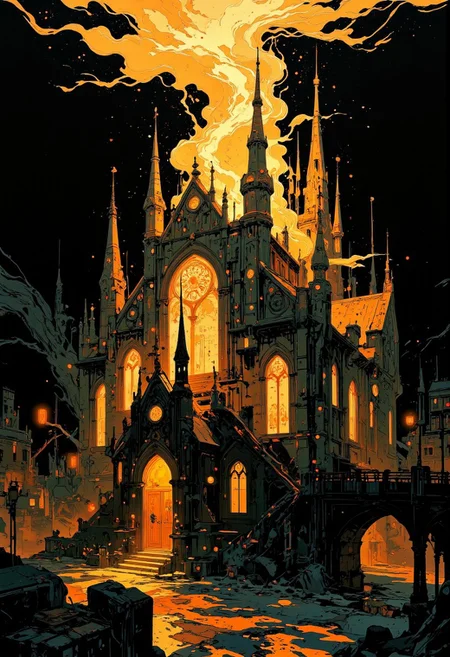 A surreal abstraction of a golden cathedral submerged in a sea of black liquid, its spires reaching upwards yet fracturing into cascading streams of glitch-like patterns. The intricate baroque designs of the facade twist into pscho_4rt shapes, shimmering with surreal gold highlights that pulse and flicker against the deep black void. Abstract reflections ripple across the liquid surface, distorting reality into a mesmerizing dance of light and shadow. The atmosphere is both grandiose and unsettling, blending the elegance of gothic architecture with a chaotic, digital surrealism.