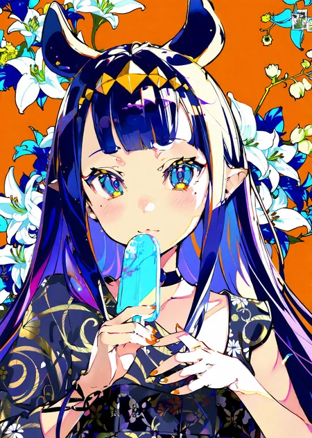 ninomae ina'nis, 1girl, virtual youtuber, popsicle, food, long hair, pointy ears, solo, sidelocks, mole under eye, bangs, purple hair, tentacle hair, multicolored hair, orange hair, gradient hair, blunt bangs, flower, mole, looking at viewer, blue flower, blue eyes, holding, very long hair, holding food, blush, eating, upper body, choker, animal ears
by taiki