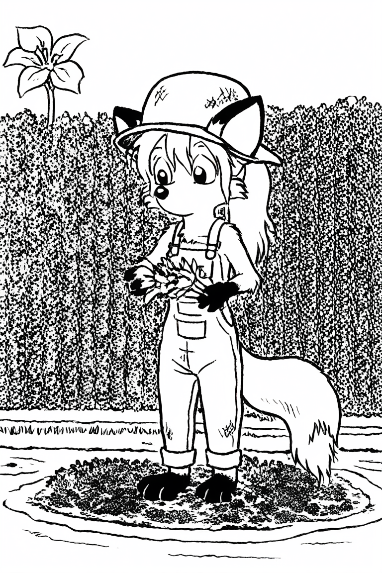 gargen, gardening, dirty, overalls, summer hat, 
1girl, solo, dwarf, fox, black eyes, spiked tuft, hair tuft, ponytail, big hair, pointy nose, black nose, black paws, black and white, white background,
<lora:Millie_from_Ozy_and_Millie_90_style:0.9>