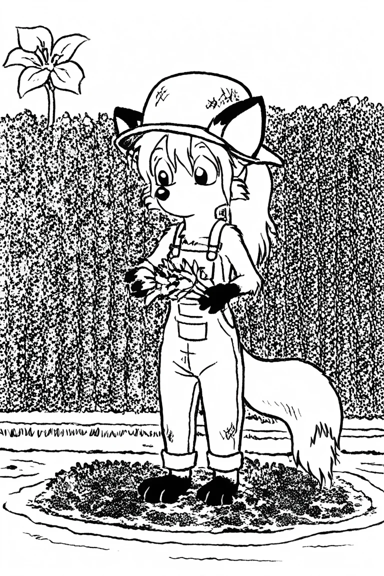 gargen, gardening, dirty, overalls, summer hat,
1girl, solo, dwarf, fox, black eyes, spiked tuft, hair tuft, ponytail, big hair, pointy nose, black nose, black paws, black and white, white background,
<lora:Millie_from_Ozy_and_Millie_90_style:0.9>