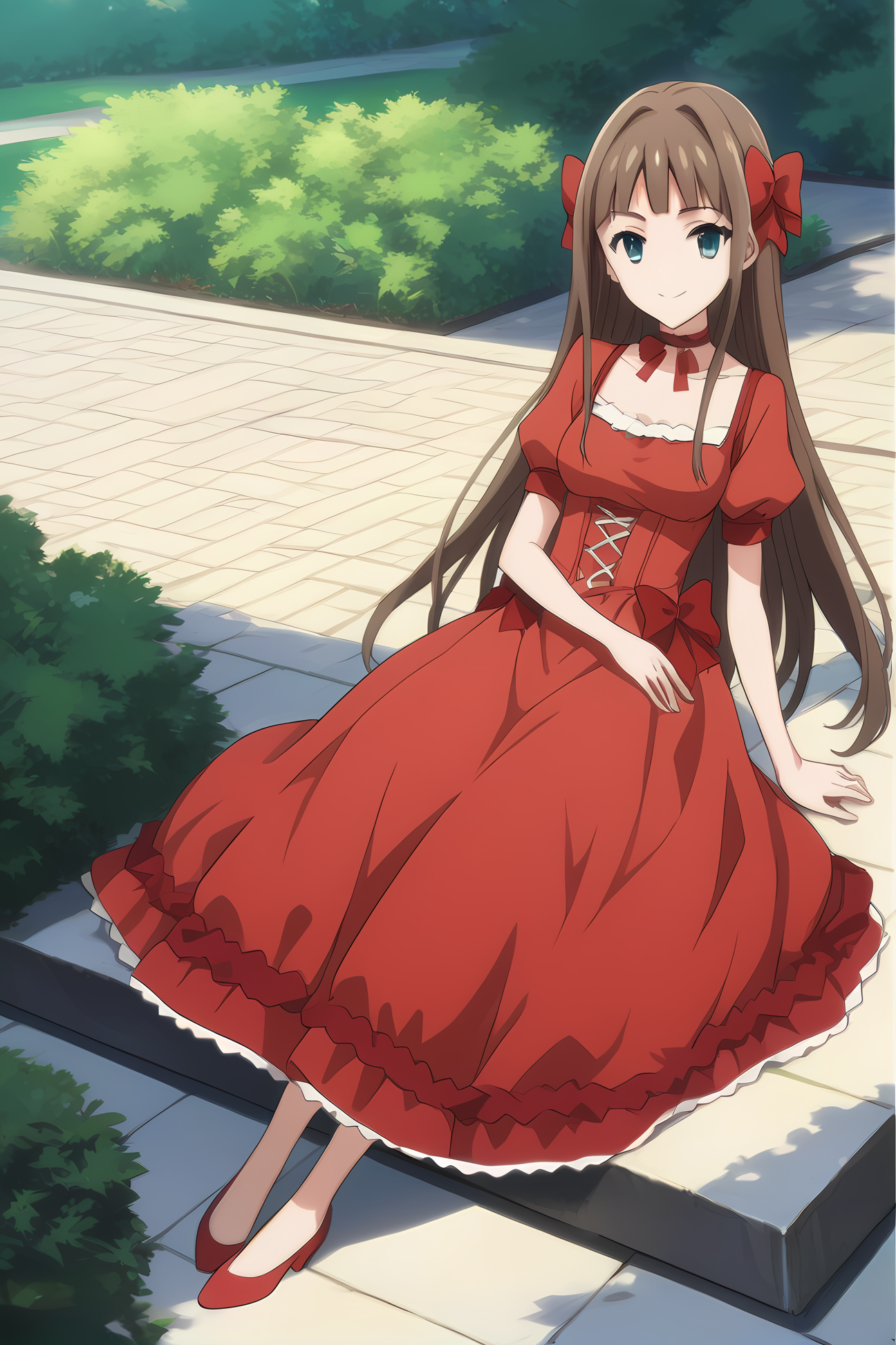 red dress red choker, mt-asuka, brown hair, red bow, medium breasts, 1girl, solo, skinny, masterpiece, high quality, (full body|sitting|standing|lying), outdoors, light smile, score_9, score_8_up, score_7_up, source_anime, anime, anime style <lora:mt-asuka-V01-000003:0.70>