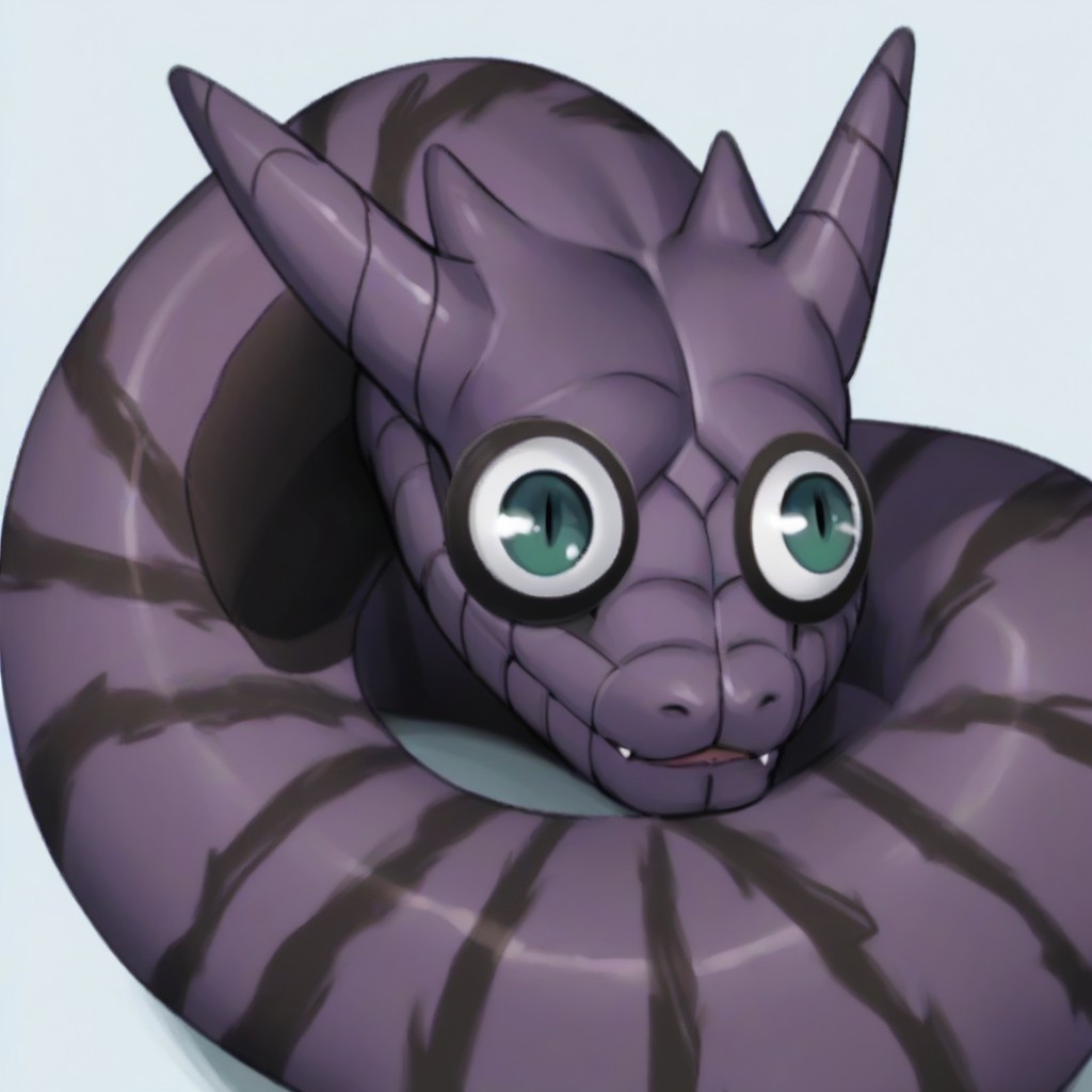 score_9, score_8_up, score_7_up,  source_cartoon, cel shading, fca style, Naruto_Manda, snake, slit pupils, green eyes, purple body, body markings, black eye markings, 2 pair of horns, black belly scales,
googly eyes