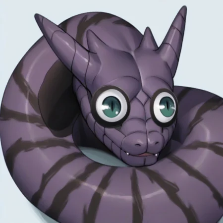 score_9, score_8_up, score_7_up, source_cartoon, cel shading, fca style, Naruto_Manda, snake, slit pupils, green eyes, purple body, body markings, black eye markings, 2 pair of horns, black belly scales,
googly eyes