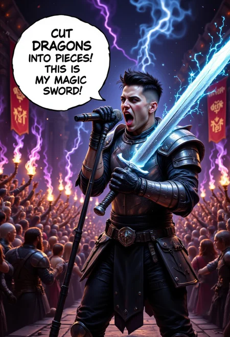 A medieval knight who closely resembles the lead singer of Papa Roach stands on a grand stage, screaming passionately into a microphone. His armor is a blend of medieval and rock aesthetics, featuring jagged, edgy designs with glowing magical accents. His short, spiky black hair, multiple facial piercings, and bold black eyeliner amplify his rebellious presence. The backdrop is a roaring medieval rock concert, with an electrified crowd of knights, mages, and fantastical creatures waving torches and banners. His microphone glows faintly, hinting at magic. A large speech bubble emerges from the knight’s mouth, boldly displaying the words, 'Cut Dragons Into Pieces! This Is My Magic Sword!' The atmosphere is an intense fusion of rock energy and medieval fantasy