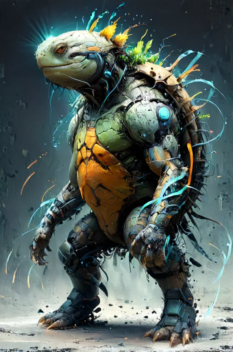 no time to explain that time traveling turtle mech , 8k, war zone, damage, melancholic, clean, minimalism, vector, glowing neon, stereoscopic, <lora:artfullyCHEERUP_SDXL_V1:0.6>, <lora:Neon_Cyberpunk_Impressionism_SDXL:0.5>, <lora:artfullyECHELIER_SDXL_V1:0.6>, <lora:Paul_Chadeisson:0.5>,  <lora:artfullyHOLOGRAPH_SDXL_V1:0.4> arthlgm <lora:- SDXL - otclillsn_impossible_geo_V1.0:0.6>  <lora:- SDXL - lentclr_effect_V1.0:0.7> <lora:Astig5:0.7> <lora:- SDXL - hevy_armored_mechvari_V1.5:.8> <lora:ral-rndrps-sdxl:0.8>