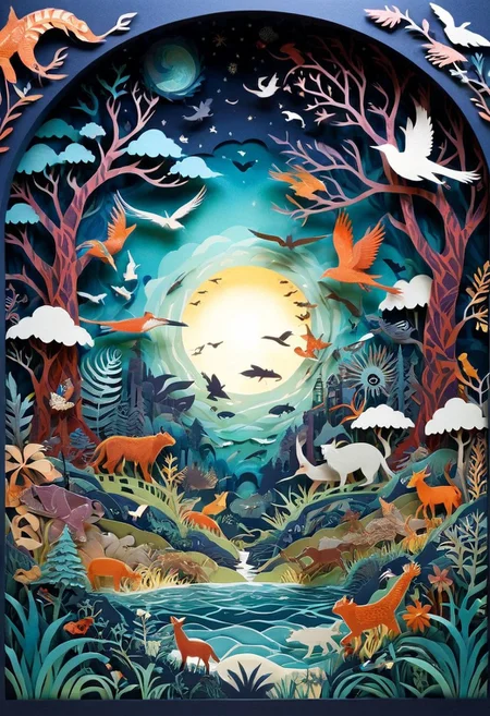 3D papercut shadow box of a parallel universe where animals have evolved to use technology, Patchwork Style, layered, dimensional, depth, silhouette, shadow, handmade, by various contemporary artists.
concept-art, fantasy, epic, majestic, magical, dreamy, perspective, light and shadow, moody, epic,
beautiful, painterly, aesthetic, textural, vivid, vibrant, intricate details, highly detailed, ultra-detailed, absurdres,
aid291, ptchkrawk , paper-cut