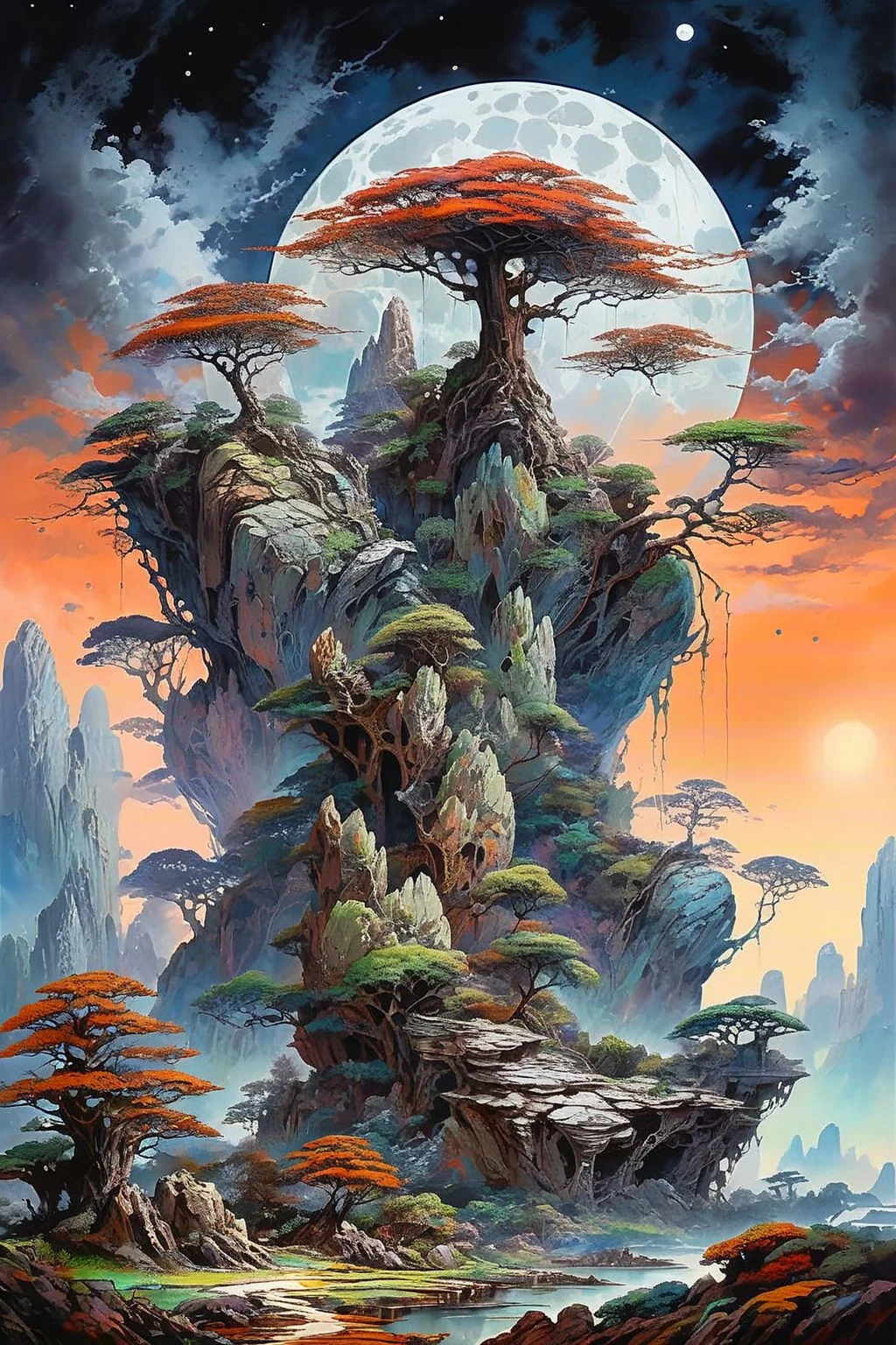 landscape painting of giant rock with a majestic tree growing out of it, intricate details, vibrant colors, clear star sky with huge moon and fluffy clouds
dagobahlnd <lora:DagobahLnd:0.7>, extremely high quality RAW photograph, detailed background, intricate, exquisite details and textures, highly detailed, ultra detailed photograph, warm lighting, artstation, sharp focus, high resolution, detailed skin, detailed eyes, 8k uhd, dskr, high quality, film grain, Fujifilm XT3