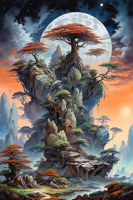 landscape painting of giant rock with a majestic tree growing out of it, intricate details, vibrant colors, clear star sky with huge moon and fluffy clouds
dagobahlnd <lora:DagobahLnd:0.7>, extremely high quality RAW photograph, detailed background, intricate, exquisite details and textures, highly detailed, ultra detailed photograph, warm lighting, artstation, sharp focus, high resolution, detailed skin, detailed eyes, 8k uhd, dskr, high quality, film grain, Fujifilm XT3