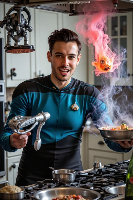 A hyper-realistic portrait, photorealistic photo close-up image of A funny photo of a person in a blue TNGS1 uniform attempting to cook in a futuristic kitchen. The character, with a playful grin, is surrounded by a chaotic scene: a small, robotic chef assistant is playfully tossing a pan of food into the air, while a burst of colorful, exaggerated steam erupts from an overzealous food processor. The blue uniform contrasts humorously with the kitchen's futuristic gadgets, which are humorously malfunctioning or humorously interacting with the character. The character’s attempt at cooking is further accentuated by a slightly burnt tray of food, an upside-down spatula, and a floating, puzzled expression on their face as they try to manage the culinary chaos. The kitchen is brightly lit, with a mix of sleek, high-tech appliances and comedic mishaps, creating a light-hearted, entertaining scene. (photography, high-resolution, dynamic, energetic,hyper-realistic, dramatic lighting, shallow depth of field.), detailmaximizer, MythP0rt<lora:midjourney_whisper_flux_lora_v01:0.55><lora:aidmaMJ6.1-FLUX-V0.1:0.4><lora:FluxMythP0rtr4itStyle:0.4><lora:detailed_flux_ntc:2.2><lora:aidmaImageUpgrader-FLUX-V0.1:0.65><lora:TNGS1_FLUX:1.1>