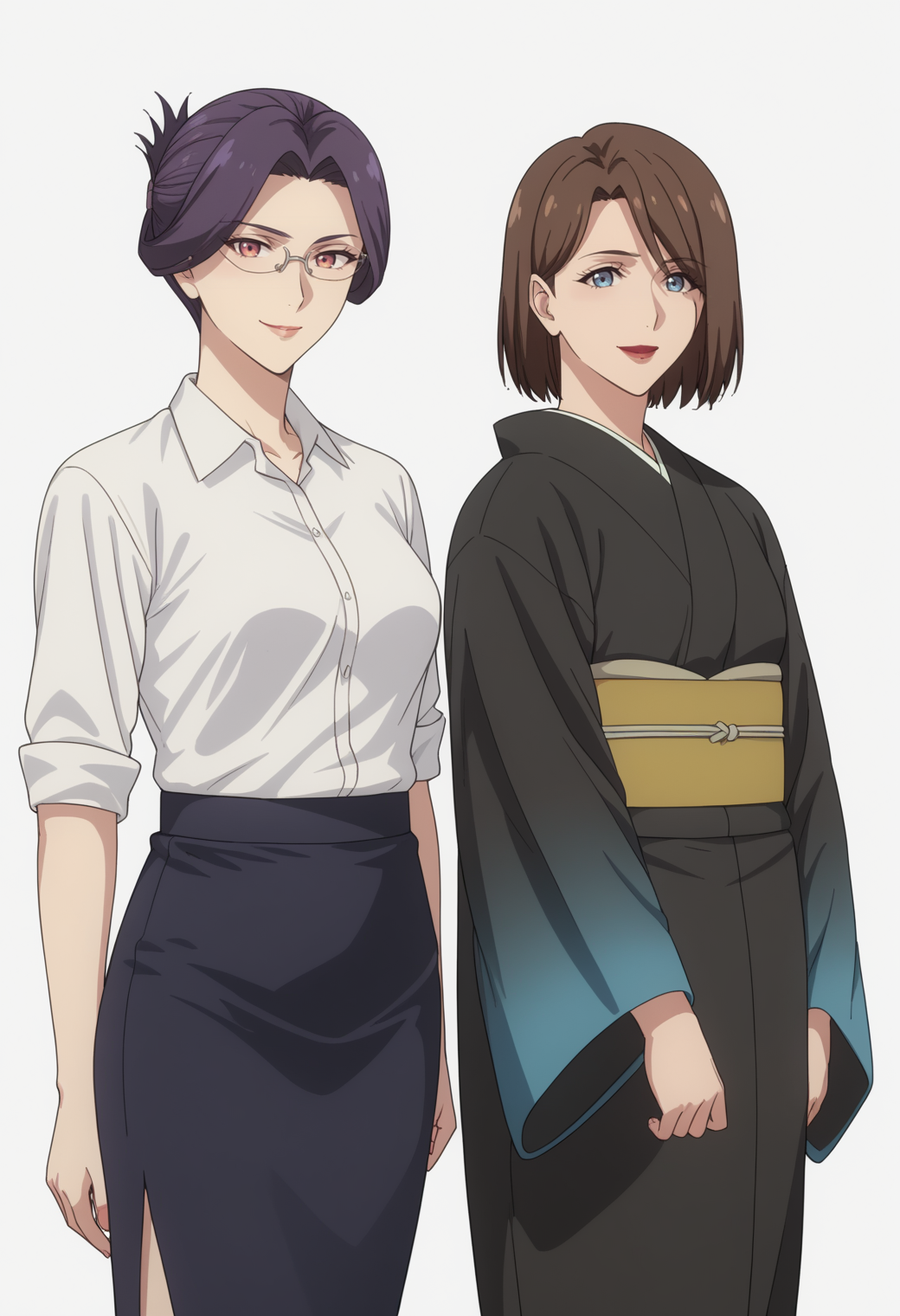 white background, ,2girl, smile, looking at viewer, standing, mature female, BREAK
score_9, score_8_up, score_7_up, source_anime,   <lora:DX888YumikaRaiha:1> ,  BREAK
tsuge raiha, purple hair, folded ponytail, red eyes, glasses,white shirt, pencil skirt,  BREAK
sakuraba yumika, brown hair, blue eyes, lipstick,bob cut, black kimono ,  BREAK