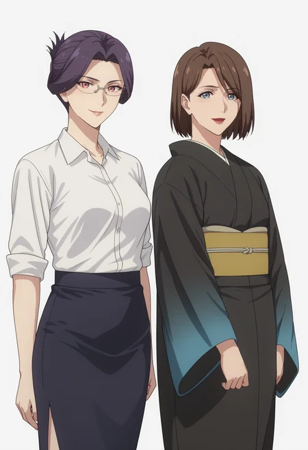 white background, ,2girl, smile, looking at viewer, standing, mature female, BREAK
score_9, score_8_up, score_7_up, source_anime,   <lora:DX888YumikaRaiha:1> ,  BREAK
tsuge raiha, purple hair, folded ponytail, red eyes, glasses,white shirt, pencil skirt,  BREAK
sakuraba yumika, brown hair, blue eyes, lipstick,bob cut, black kimono ,  BREAK