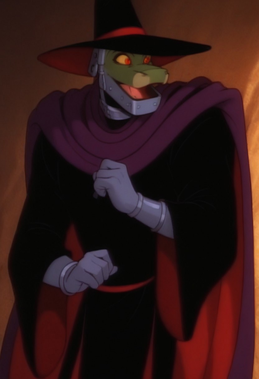 score_7, score_8, score_9, dynamic lighting, detailed background, background is dessert, sand, mesas, sundown, (close up), cowboy shot,
BREAK 
Solo, 1boy, ((anthropomorphic)), furry male, male snake, male, green skin, bald, animal nose, narrow waist, tall, metal hands, grey hands, grey bracelets, steel jaw, yellow sclera, red eyes
BREAK 
standing, (laughing), black and red witch hat, black and red cloak, ((purple cape)), holding arms out to sides