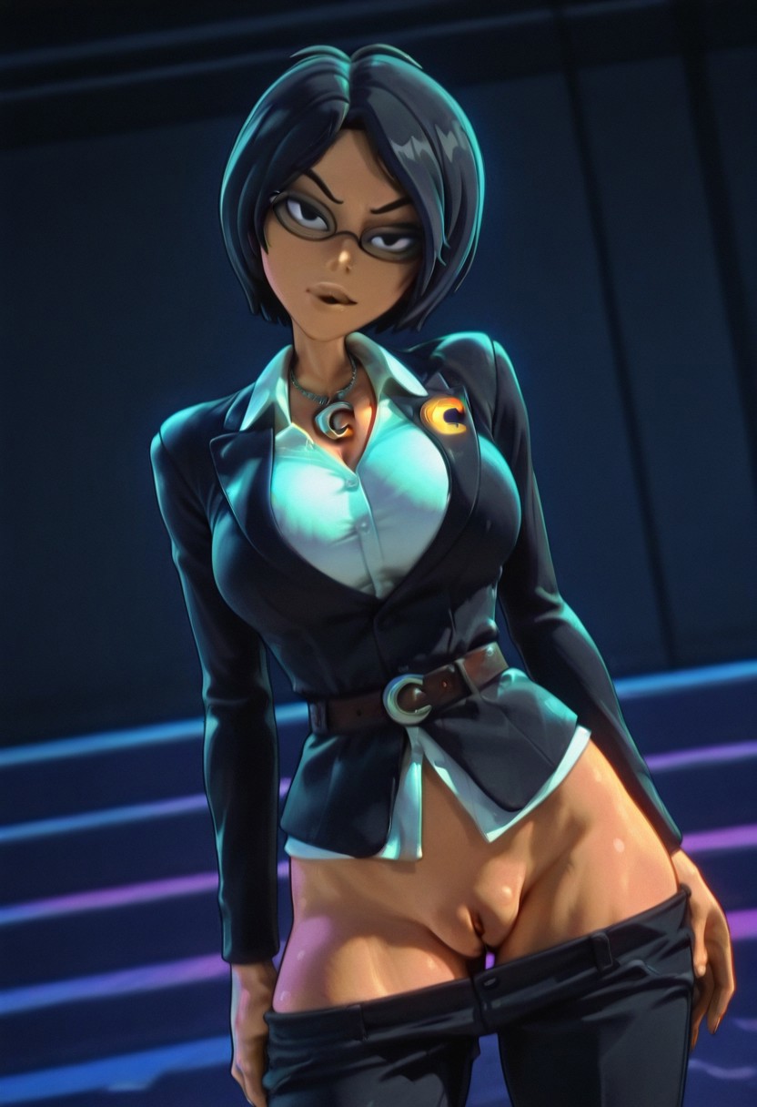 ChaseLB, 1girl, solo, short hair, black hair, bangs, black eyes,  full lips, large breast, large butt, thick thighs, glasses, necklace with crescent, formal suit, black jacket, white shirt, belt with crescent, black pants,
,seductive pose, sexy pose, tease, 
masterpiece, best quality, fine details, intricate details, depth of field, subsurface scattering, bokeh,
 ultra-detailed, very aesthetic, detailed background, newest, scenery, highres, absurdres, colorful, vibrant, glowing, perfect face, 2d, perfect eyes,  vibrant saturated colors, volumetric lighting, sharp, detailed eyes, perfect anatomy,  perfect face, perfect eyes, mature body, clear eyes, beautiful eyes, athletic, curvy body, athletic girl, perky tits, perfect tits, round breasts, pinup pose, teasing, lustful expression, perfect hands, 
muscular female, dutch angle,  dynamic pose,
huge labia, labia slit, puffy labia, nipple outline, lowleg pants, head tilt, looking at viewer, pants pull,
,Smooth Negative, Smooth_Quality,
dark_fantasy_style, dark fantasy, retro,