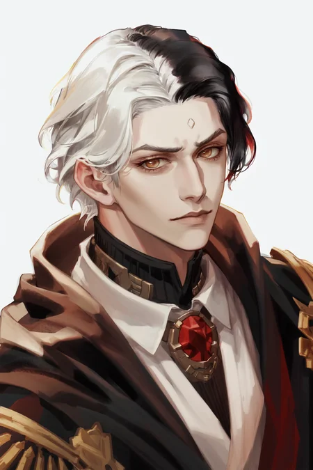 masterpiece, best quality, highres, 1boy, solo, emet selch, white streaked hair, black hair  <lora:HadesEmetSelch:.7> <lora:emetSelchFinalFantasyXIV_whiteStreakedHair:.5>, photorealistic, serious