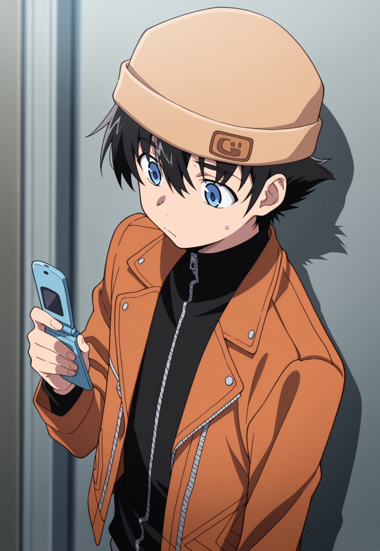 masterpiece,best quality,amazing quality, source_anime, 

YukiteruAmano, 1boy, male focus, solo, blue eyes, black hair, beanie, brown headwear, black shirt, turtleneck, zipper, jacket, brown jacket, open jacket, flip phone,