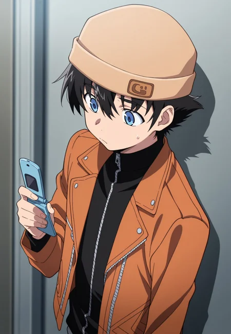 masterpiece,best quality,amazing quality, source_anime,
YukiteruAmano, 1boy, male focus, solo, blue eyes, black hair, beanie, brown headwear, black shirt, turtleneck, zipper, jacket, brown jacket, open jacket, flip phone,