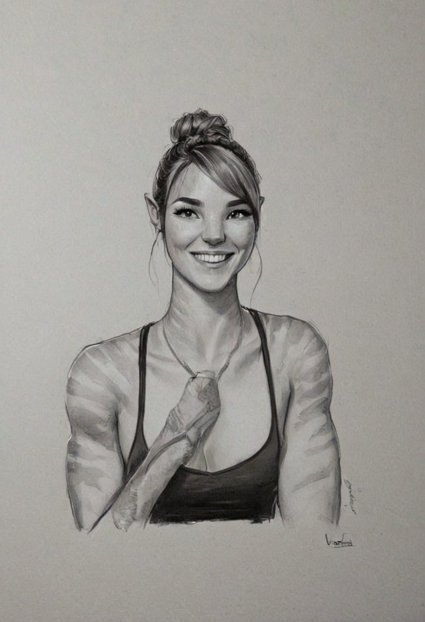 side view, digital painting by Shawn Coss and Sam Spratt in the style of Edwin Georgi of a cute fit 18 year old olympian's face and cleavage, huge smile, cinematic fashion shot, v neck <lora:EnvyStudioPortraitXL01:0.50>