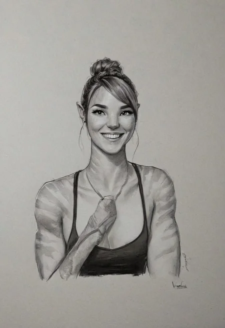 side view, digital painting by Shawn Coss and Sam Spratt in the style of Edwin Georgi of a cute fit 18 year old olympian's face and cleavage, huge smile, cinematic fashion shot, v neck <lora:EnvyStudioPortraitXL01:0.50>