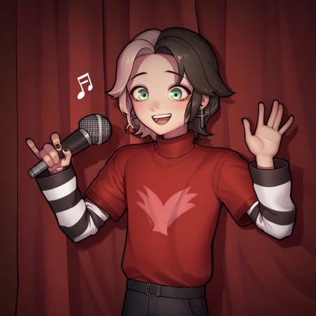 ((stage theatre background)), score_9, score_8_up, score_7_up,score_6_up, 1 male, solo, watergreen eyes, two tone hair, half-white-half-brown hair, wolfcut-styled hair, small pointed nose, Grey-colored crucifix earrings, pale skin, shoulder-length hair, layered hair, wolf cut, two-tone hair, red short-sleeved turtleneck, black and white striped long-sleeves, navy trousers, black belt, layered sleeves, layered sleeves, cross earrings, two-tone hair, pink angel silhouette on shirt, layered hair, perfect hands, detailed eyes, perfect eyes, black very short nails, singing, microphone, microphone in hand, dancing, musical notes, smile, perfect shadows