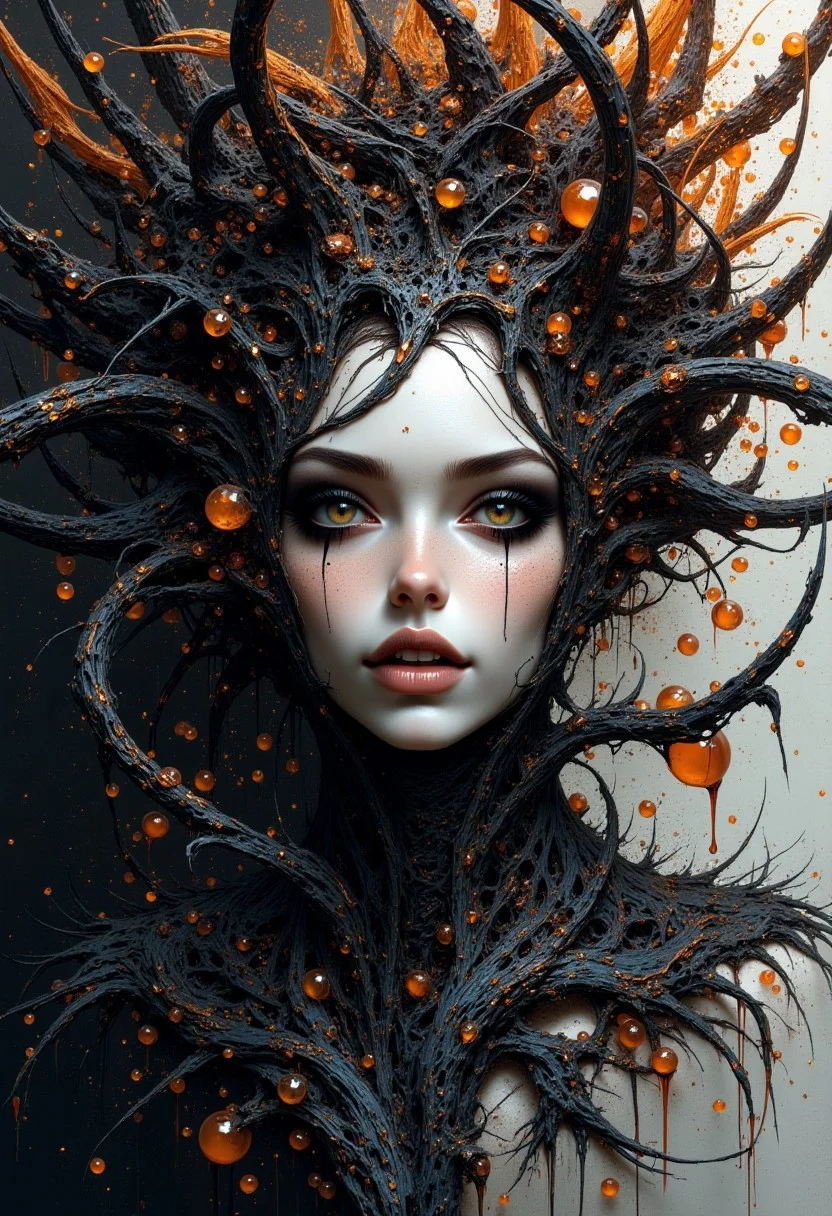 abstract portrait of a corrupted female outerworldly creature, mind magic, black marble eyes without pupils, fangs, mind explosion,