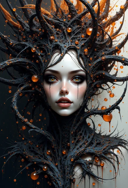 abstract portrait of a corrupted female outerworldly creature, mind magic, black marble eyes without pupils, fangs, mind explosion,