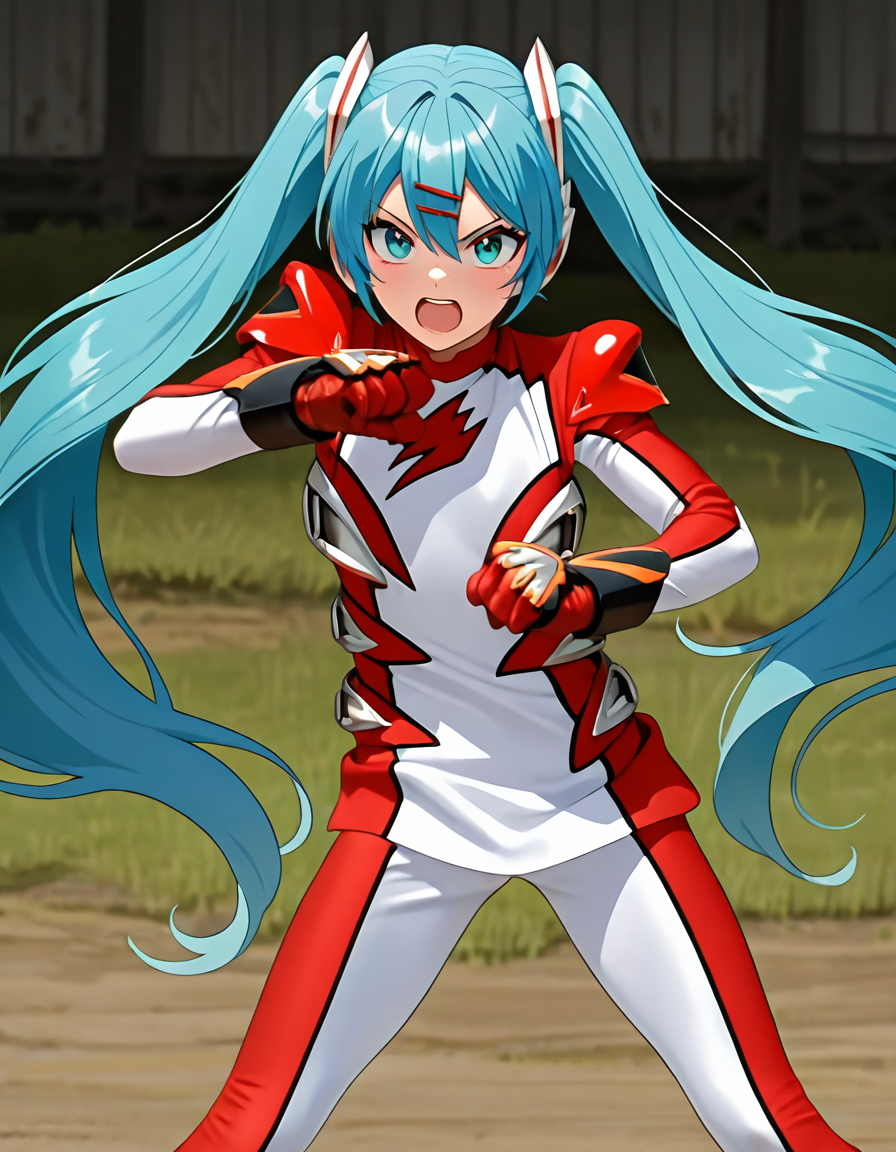 masterpiece, best quality, amazing quality, very aesthetic, absurdres, newest,shiny skin  (((anime screenshot:1))),  anime coloring,   hatsune miku,  twintails,  blue hair,  fighting stance,  hairclip  looking at viewer,  open mouth 1girl , flat chest, MSTERRED, robot, solo, RDMTER armor, RDMTER bodysuit, RDMTER gloves, RDMTER boots, helmetless  <lora:Jungle_Fury__Gekiranger:1>
