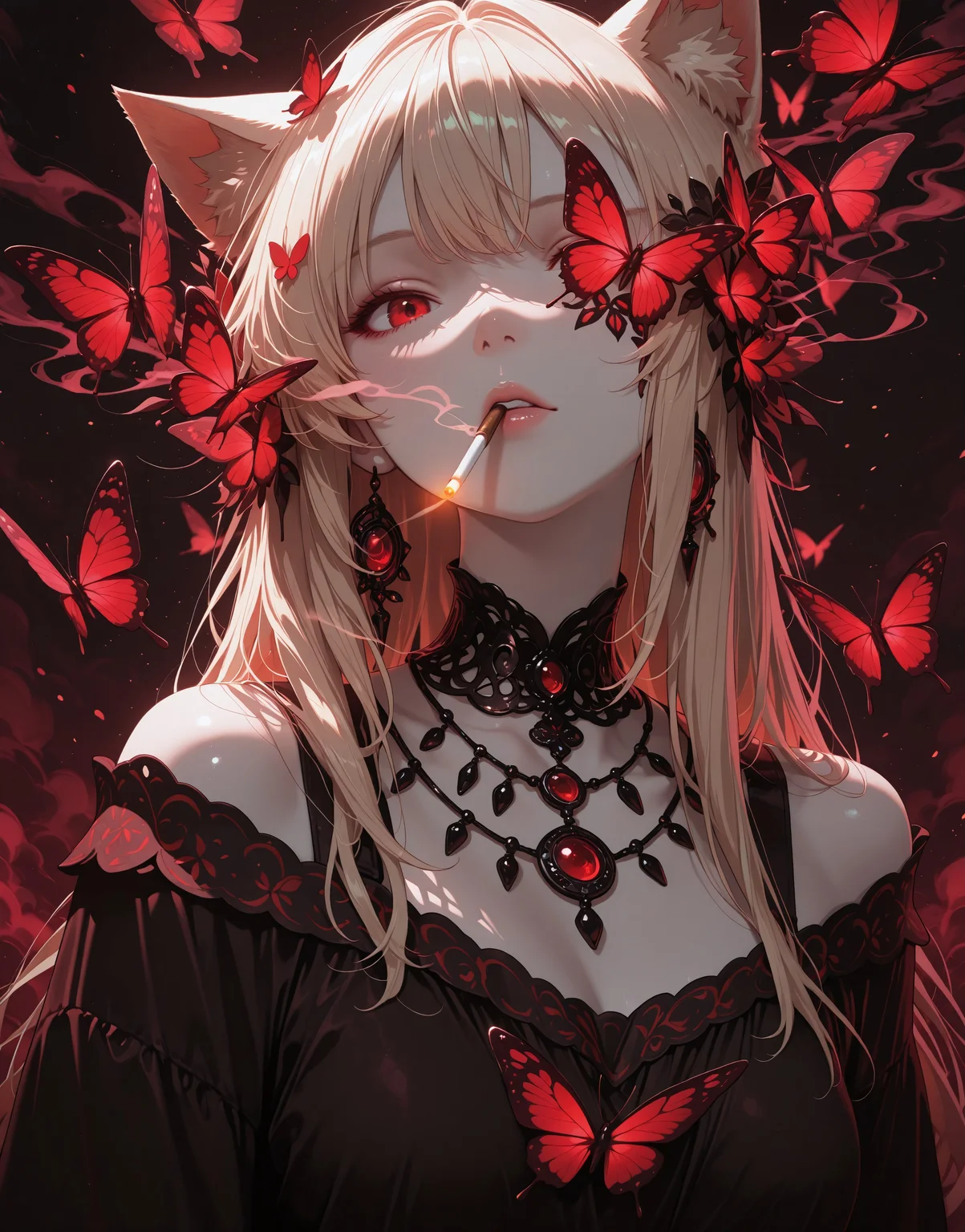masterpiece, best quality, very aesthetic, absurdres, stylized, newest, depth of field, HDR, high contrast, sharp focus, 8k resolution, digital art, anime style, vibrant colors, photorealistic, smooth gradients, fantasy art style, cinematic lighting, mystical aura, art nouveau inspired, (soft lighting:1.2), (lighting from above:1.2), (scenery), (detailed background design), Anime girl, 1girl, solo, cat girl, cat ears, (ethnicity:1.0), (detailed clothing:1.2), (accessories:1.2), (detailed skin texture:1.2), (facial features:1.3), (expression:1.2), (body type:1.1), (pose:1.2), looking at viewer, smoking cigarette, centered in frame, facing viewer, red eyes, pale skin, long light blonde hair, dark reddish-black clothing, layered necklaces with dark metal chains and pendants, tattoos on her chest, red butterflies superimposed around and obscuring parts of her, dramatic lighting, dark background, intense red colors, dark smoke effects, detailed shading, anime style, digital art, high detail, hyperrealistic style.