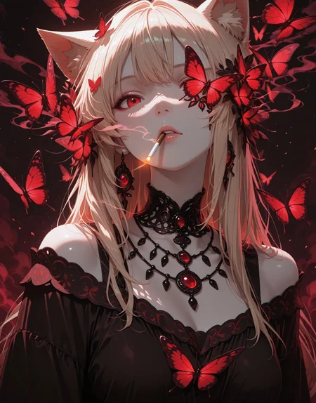 masterpiece, best quality, very aesthetic, absurdres, stylized, newest, depth of field, HDR, high contrast, sharp focus, 8k resolution, digital art, anime style, vibrant colors, photorealistic, smooth gradients, fantasy art style, cinematic lighting, mystical aura, art nouveau inspired, (soft lighting:1.2), (lighting from above:1.2), (scenery), (detailed background design), Anime girl, 1girl, solo, cat girl, cat ears, (ethnicity:1.0), (detailed clothing:1.2), (accessories:1.2), (detailed skin texture:1.2), (facial features:1.3), (expression:1.2),  (body type:1.1), (pose:1.2), looking at viewer, smoking cigarette, centered in frame, facing viewer, red eyes, pale skin, long light blonde hair, dark reddish-black clothing,  layered necklaces with dark metal chains and pendants, tattoos on her chest,  red butterflies superimposed around and obscuring parts of her, dramatic lighting, dark background, intense red colors,  dark smoke effects,  detailed shading,  anime style,  digital art,  high detail, hyperrealistic style.