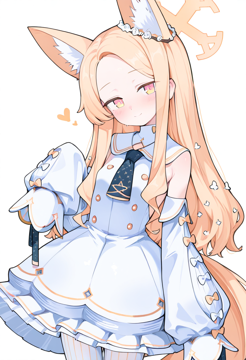 mikzn style, seia \(blue archive\),  1girl, solo, blonde hair, long hair, animal ears, animal ear fluff, tail, smile, looking at viewer, halo, yellow halo, heart, dress, white dress, detached sleeves, sleeves past wrists, sleeves past fingers, white sleeves, pantyhose, white pantyhose, masterpiece, best quality, amazing quality, absurdres