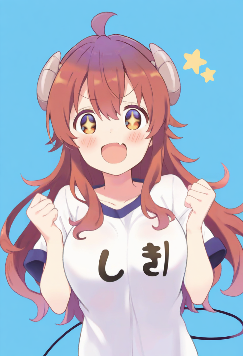 (masterpiece,best quality,ultra_detailed,highres,absurdres:1.2,amazing quality,very aesthetic),<lora:grtw style_noobai_v1-000015:0.6>,grtw,yoshida yuuko \(machikado mazoku\),1girl,solo,star \(symbol\),+ +,open mouth,smile,blush,upper body,clenched hand,standing,looking at viewer,