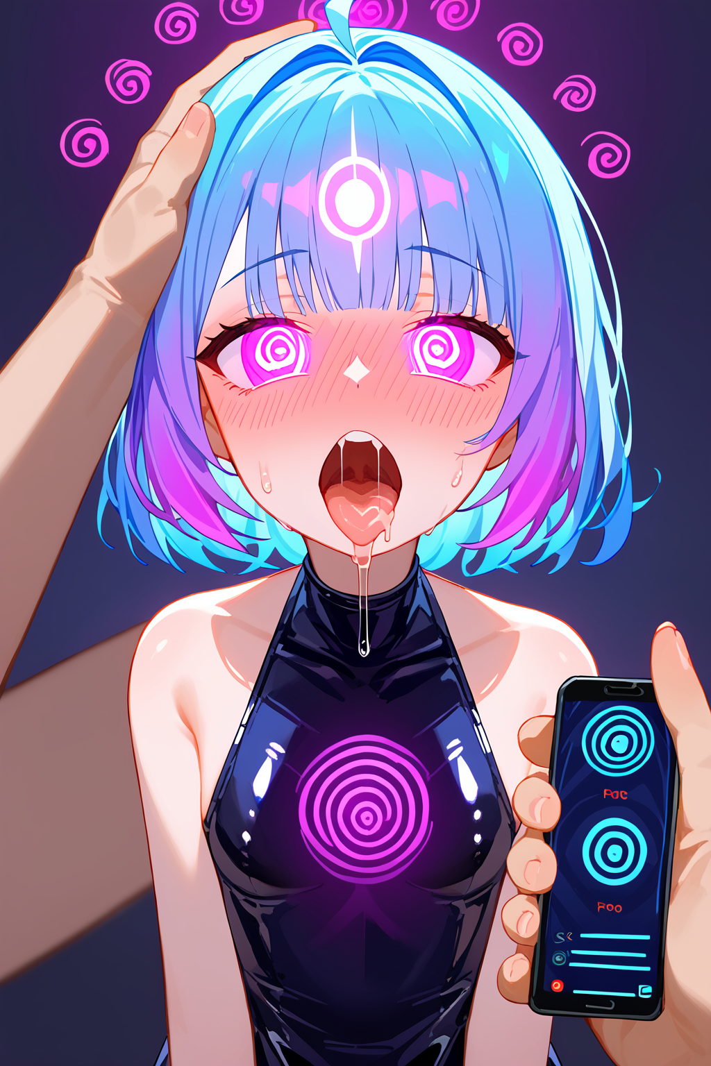 fellatio, latex girl, antro, holographic, iridescent dress, short colored hair, colorful,  big boobs<lora:Hypno_App_POV:1> mind control, hypnosis, mind control app, glowing spiral eyes, drooling, cellphone, score_9, score_8_up