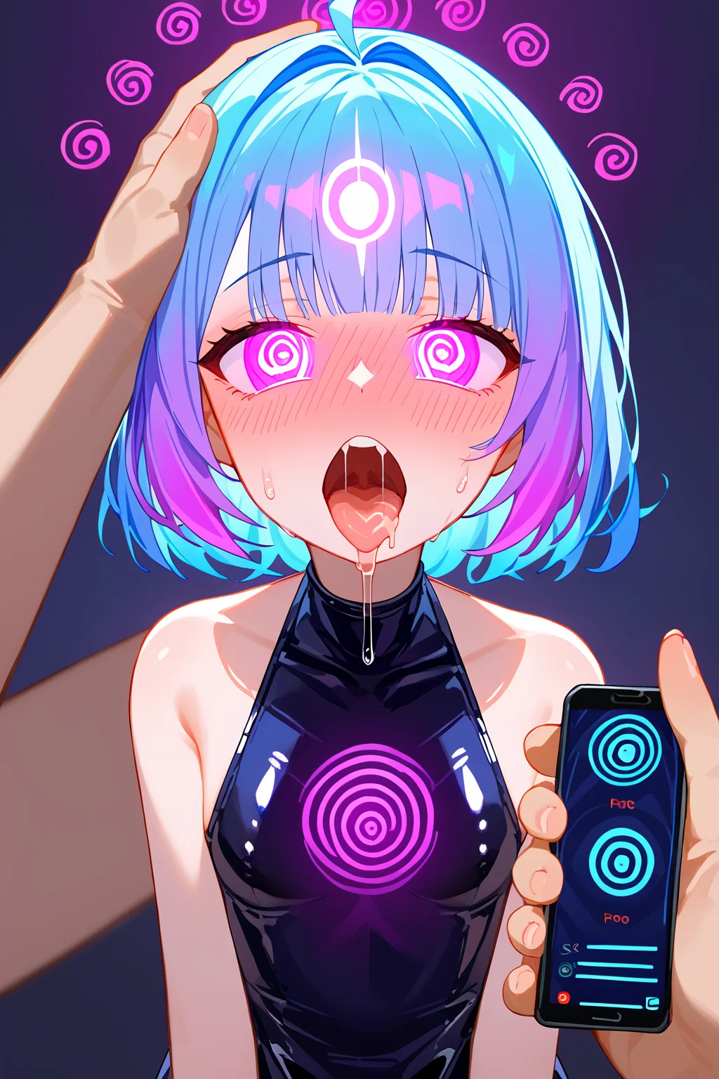 fellatio, latex girl, antro, holographic, iridescent dress, short colored hair, colorful, big boobs<lora:Hypno_App_POV:1> mind control, hypnosis, mind control app, glowing spiral eyes, drooling, cellphone, score_9, score_8_up