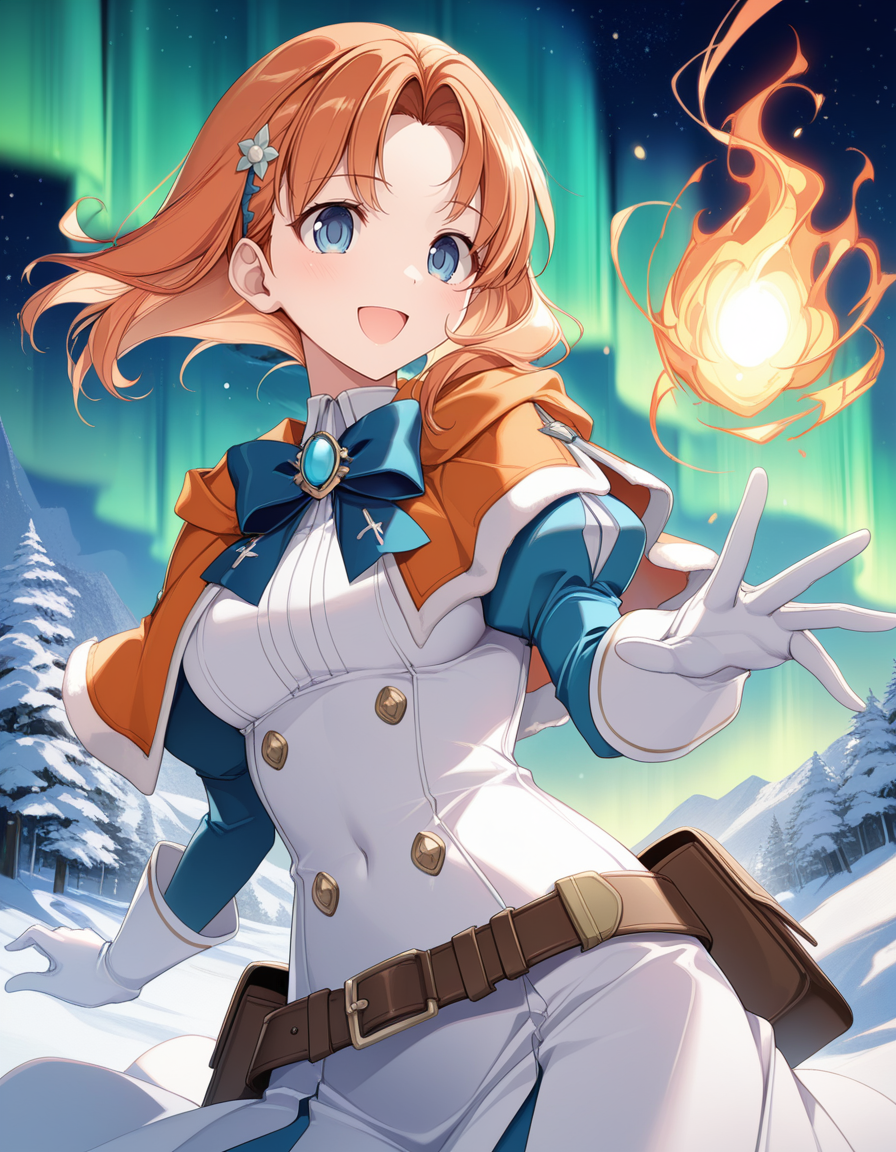 (k4r0ry),    <lora:1_illu_karory_9e:1>, 1girl, annette_fantine_dominic (post timeskip), fire emblem, orange hair, blue eyes, medium hair, parted bangs, orange capelet, brooch, blue bow, white gloves, long gloves, white dress, blue sleeves, smile, open mouth, magic, fjord, snow, aurora, (masterpiece, best quality, amazing quality),