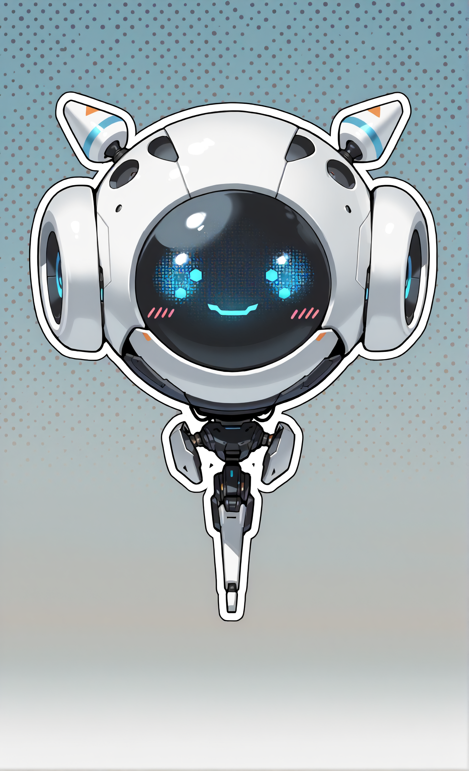 masterpiece, sharp detail, intricate detail,  <lora:Improved Anime Drones:0.8> science fiction, non-humanoid robot, drone, smile, facing viewer,  blush, floating, (white outline, outline, thick outline:1.5), (polka dot background. big polka dot, ), gradient background, soft gradient,